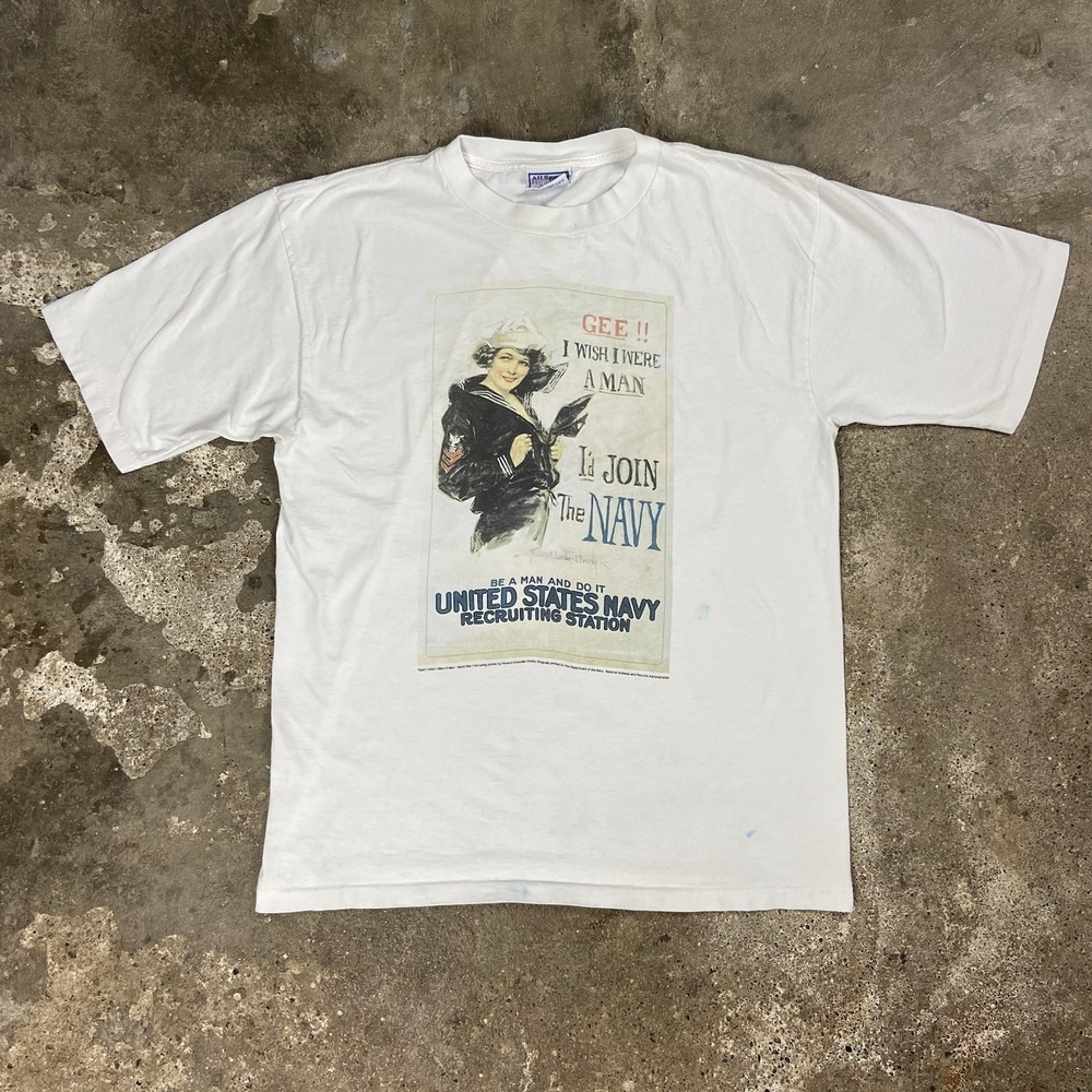 VTG 90s US Navy T-Shirt Size‎ Large White I Wish I Were A Man Military Graphic